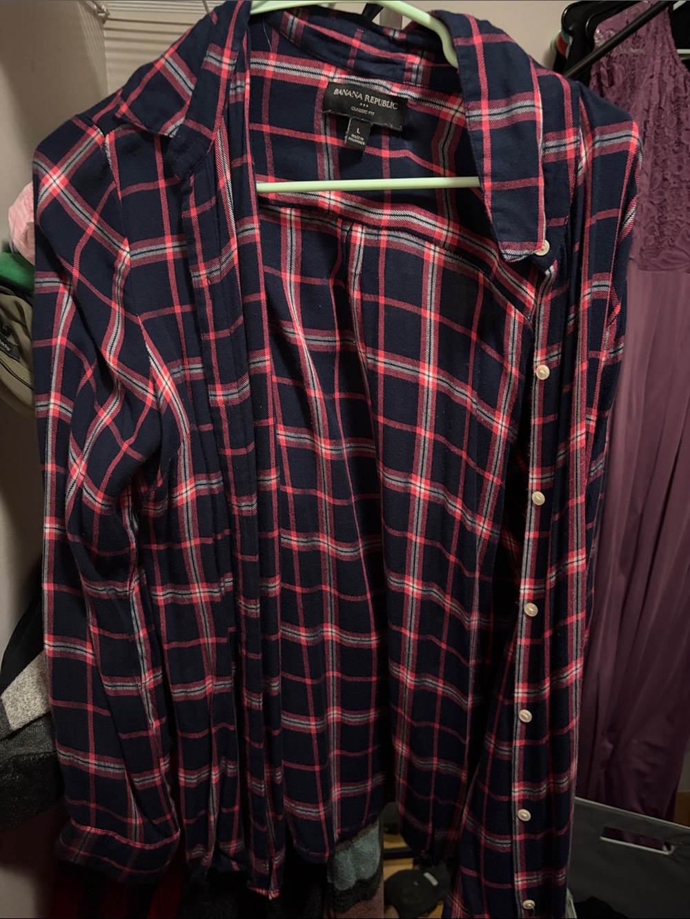 Banana Republic Factory Navy and Pink Plaid Button-Down Shirt
